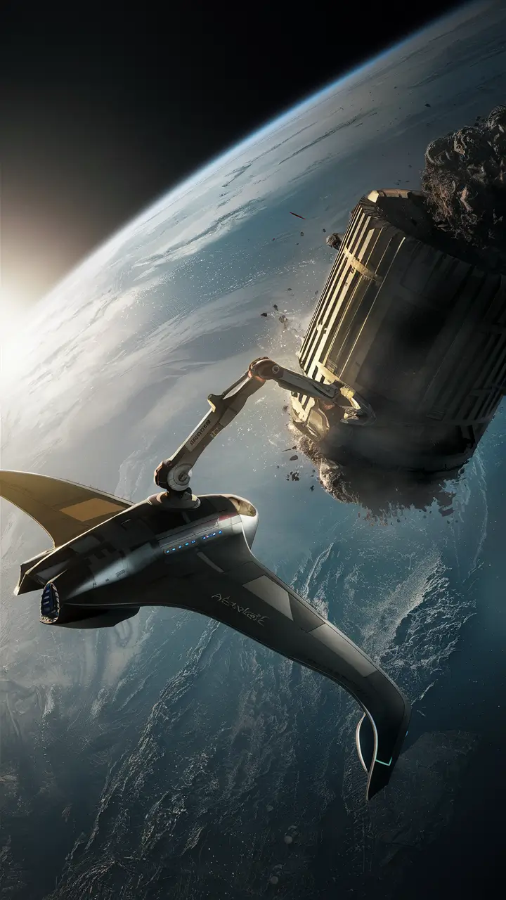 A sleek, futuristic spacecraft with the logo of "Astroscale" emblazoned on its side approaches a large, cylindrical piece of space debris floating against the backdrop of the Earth's curvature. The spacecraft's robotic arm extends toward the debris, ready to grapple and remove it from orbit. The scene is bathed in the soft glow of the sun, casting dramatic shadows across the spacecraft and debris, highlighting the urgency and innovation of humanity's efforts to clean up space.